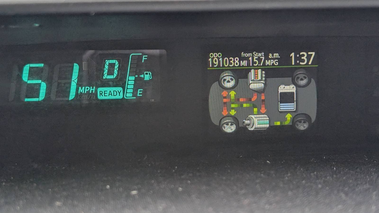 Prius C at 191,038 miles during the post-repair road test, 58 MPH in Drive, READY state held, energy flow diagram showing active power management